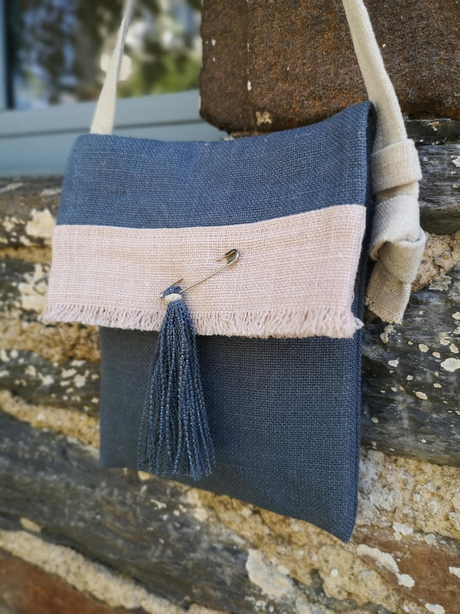 Sac à franges - Marine et rose poudré